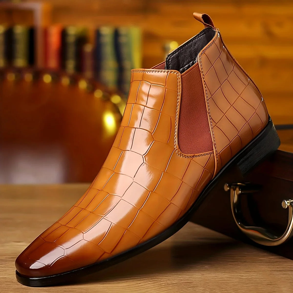 Lancaster glossy crocodile-embossed vegan leather Chelsea boots with cushioned insole, sleek formal style