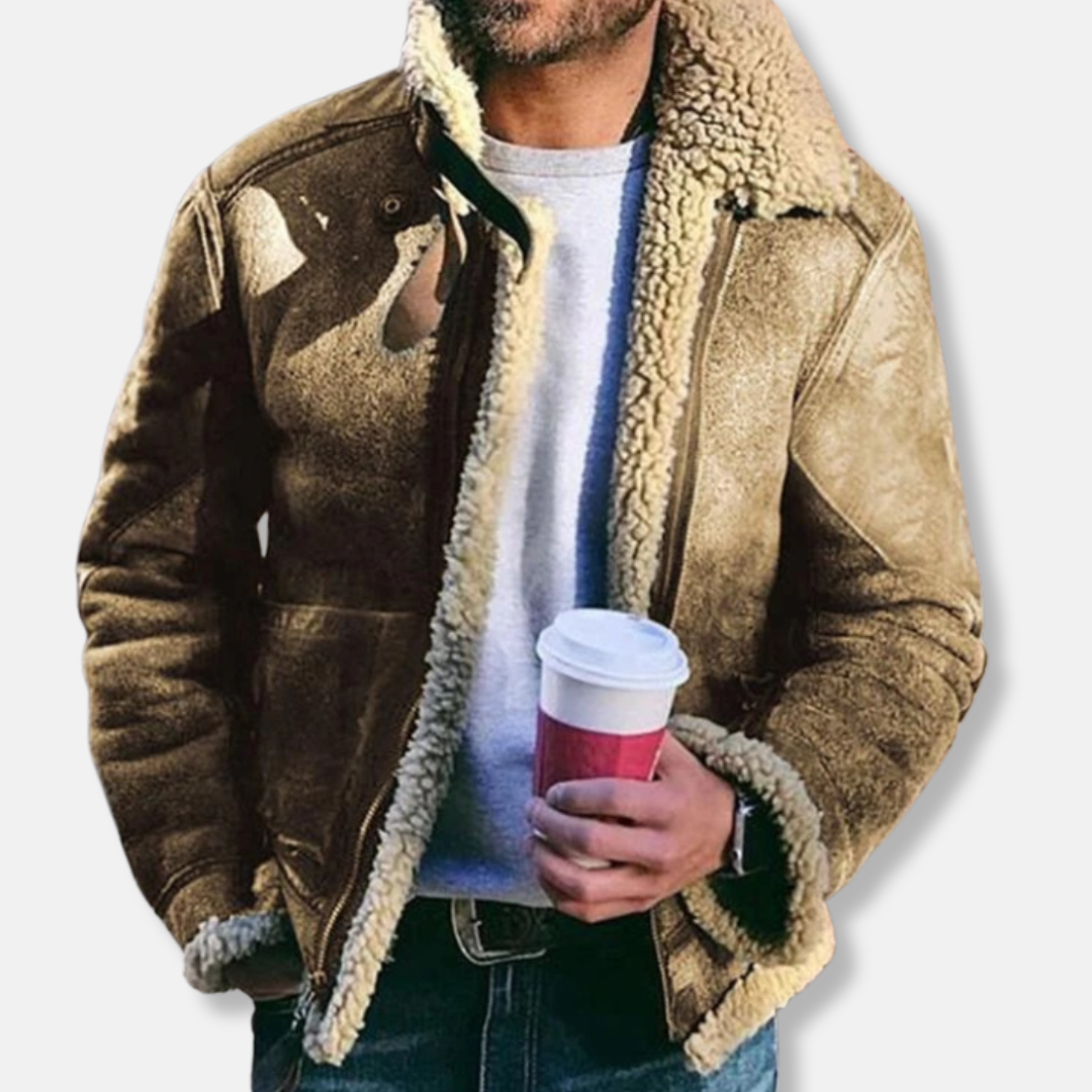 Men's brown suede aviator jacket with shearling lining, regular fit, zipper front closure