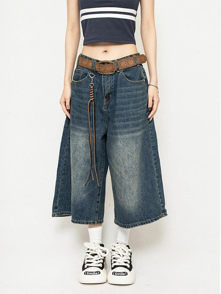 Women's wide-leg denim culotte mid-calf distressed vintage wash raw hem Y2K streetwear