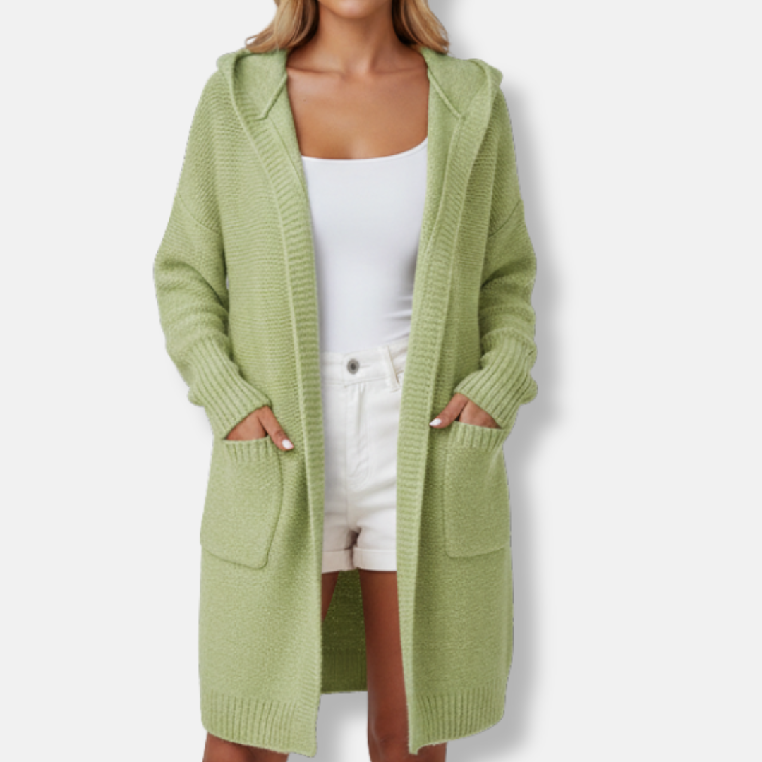 Women oversized hooded cardigan cozy wool blend knee-length knit in neutral tones for fall layering