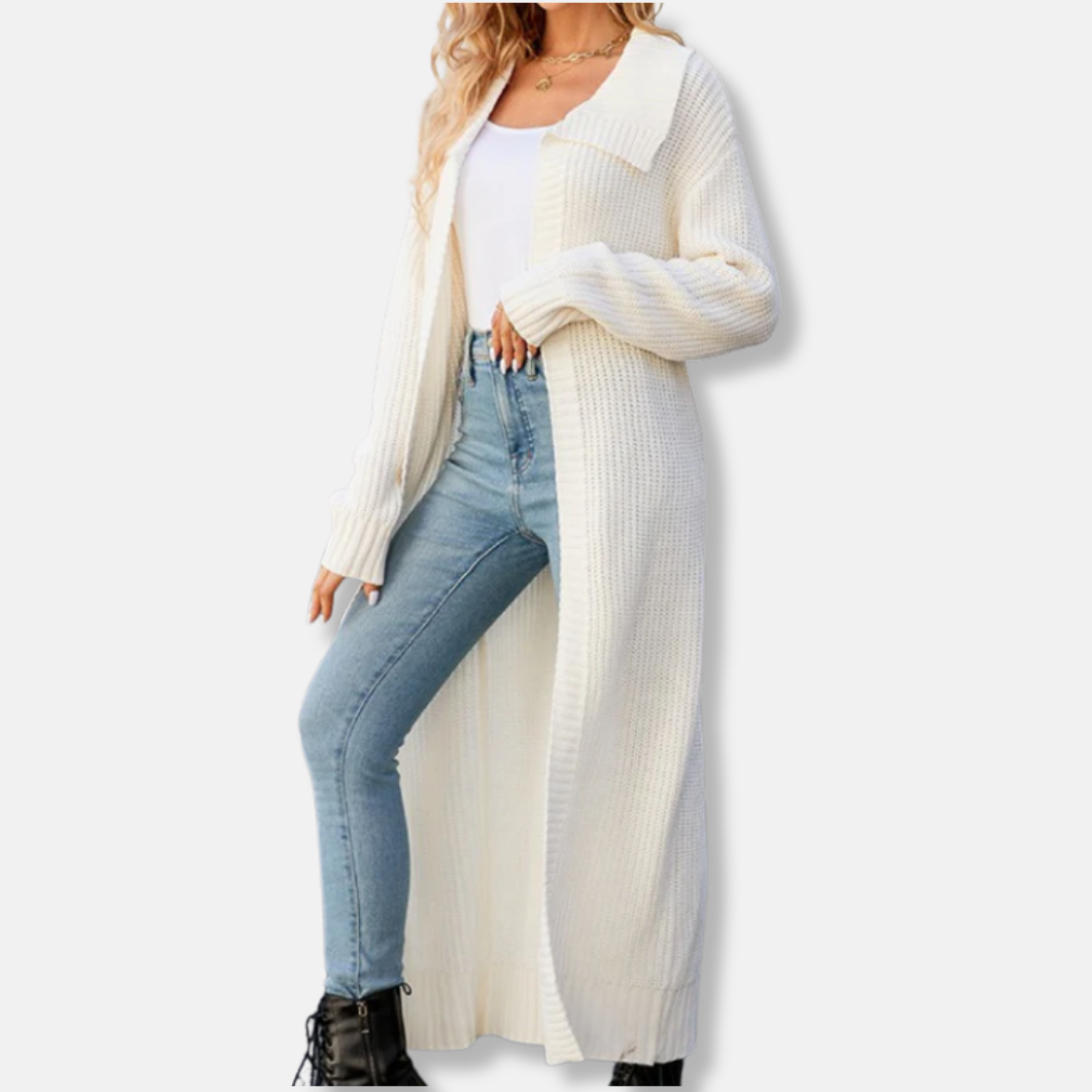 Women's maxi wool blend cardigan loose relaxed silhouette cozy knit layering essential fall winter