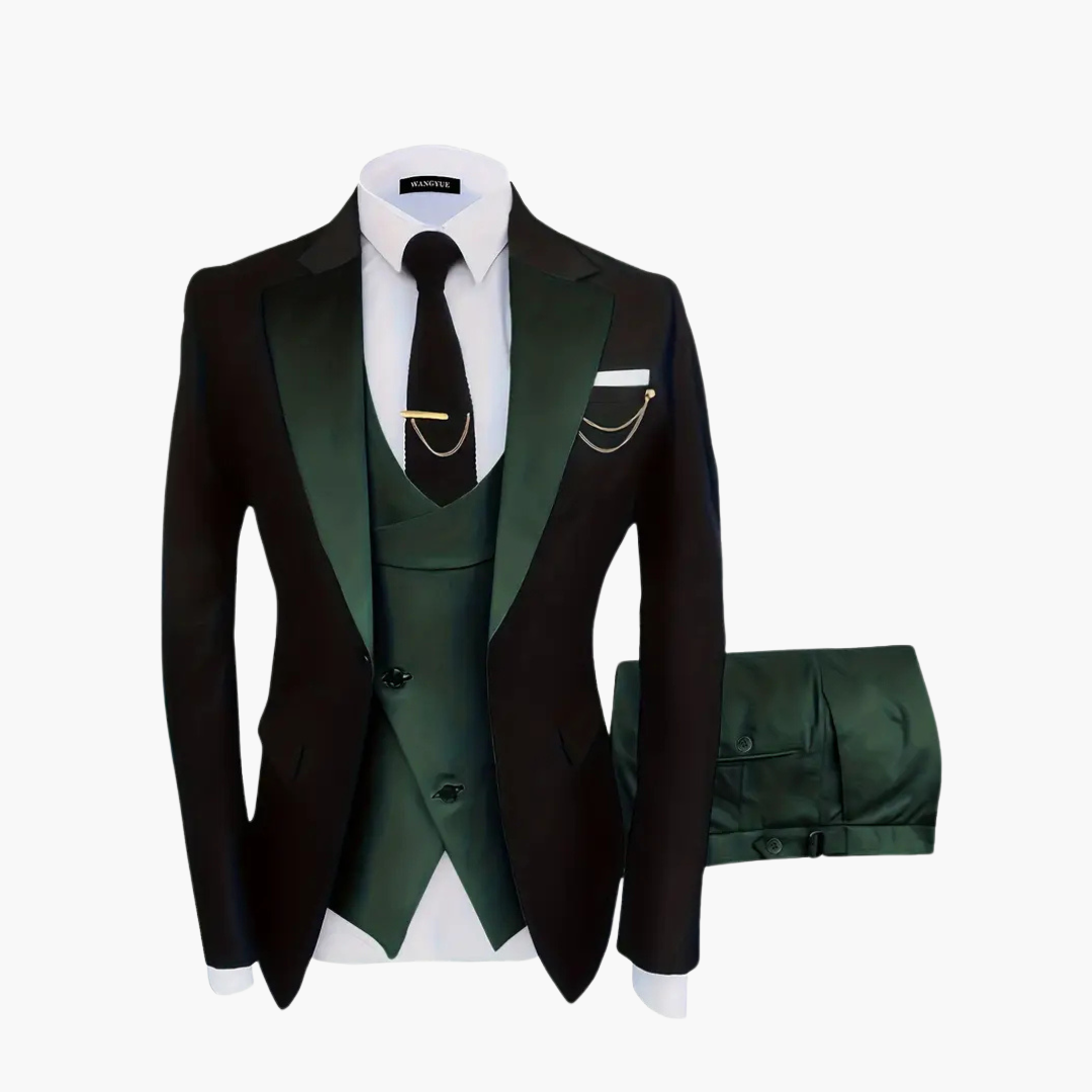 Men's slim fit three-piece wedding suit in classic navy, tailored jacket vest and trousers ensemble