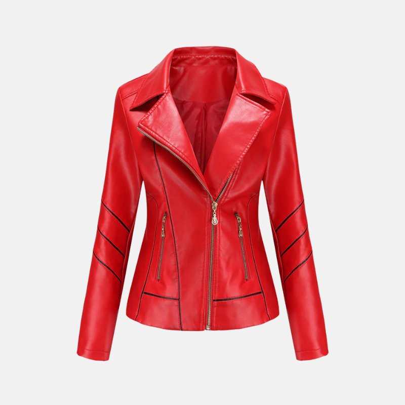 Women's black cropped slim fit faux leather moto jacket with asymmetric zip and quilted sleeves