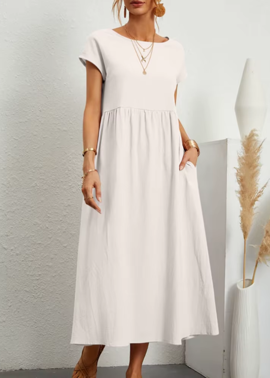 Women's relaxed midi dress soft short sleeves gathered waist flowy length with pockets