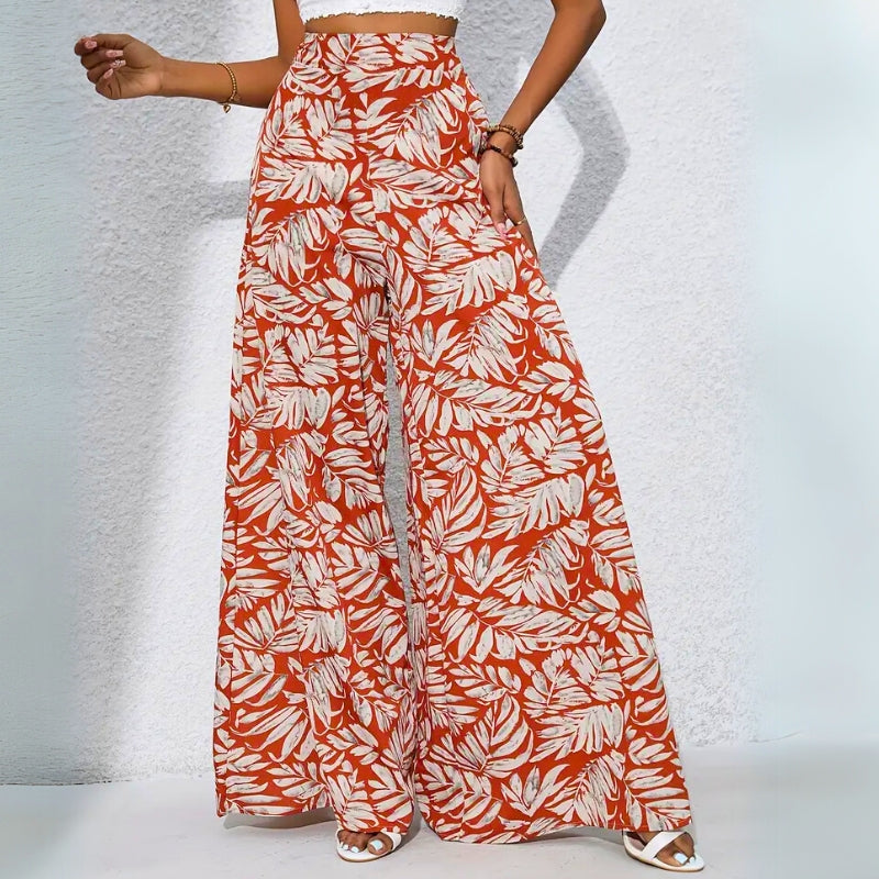 Women's high-waist tropical print cotton pants relaxed fit with roomy pockets bold colorful pattern