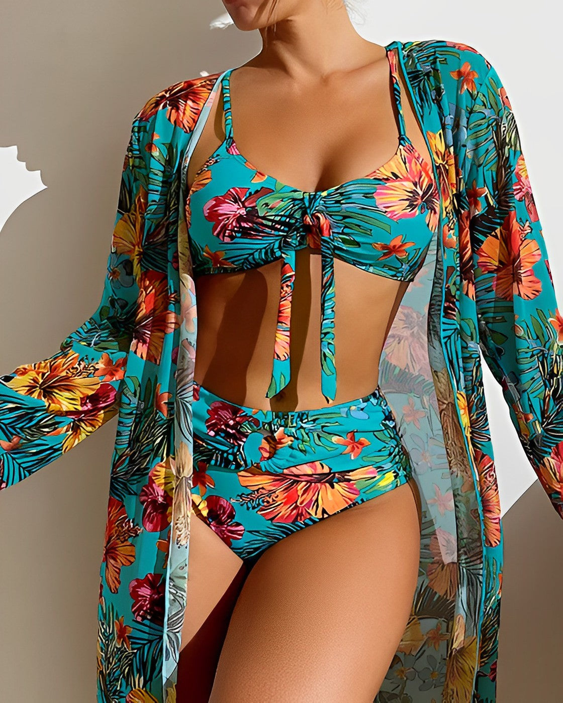 Women's tropical floral 3-piece bikini set tie-front top high-rise bottoms sheer cover-up beachwear