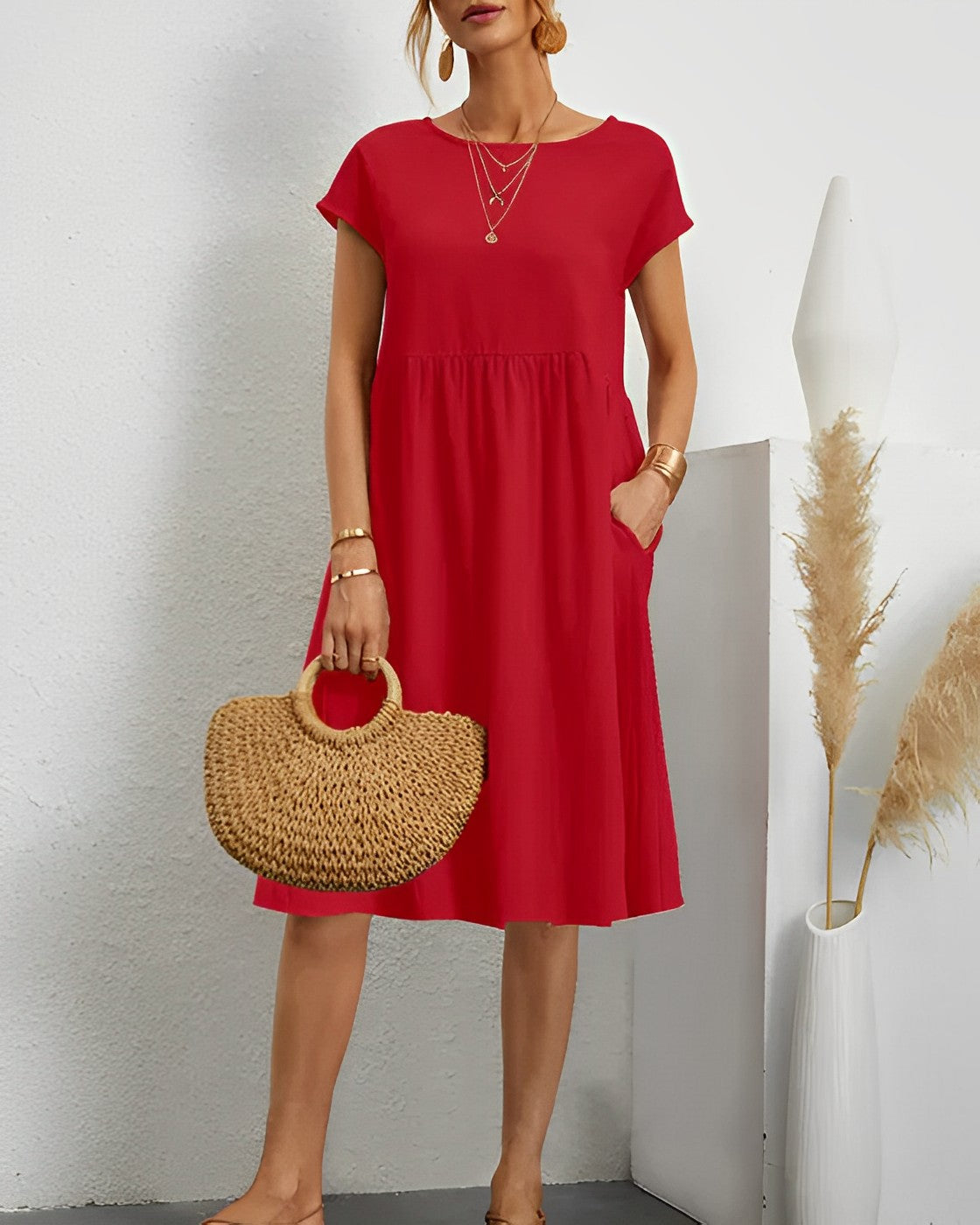 Women's loose-fit midi dress, short sleeves, round neck, cotton blend, gathered waist with pockets