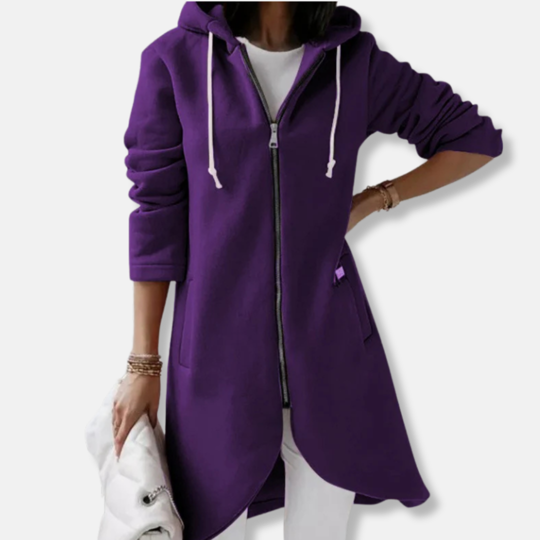 Women's gray knit hooded cardigan long relaxed fit full-zip asymmetrical high-low hem