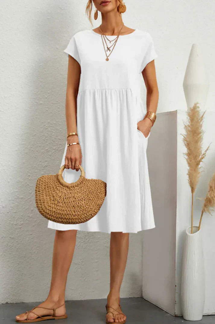 Melanie women's casual round neck short sleeve plain dress, comfortable everyday versatile wardrobe staple
