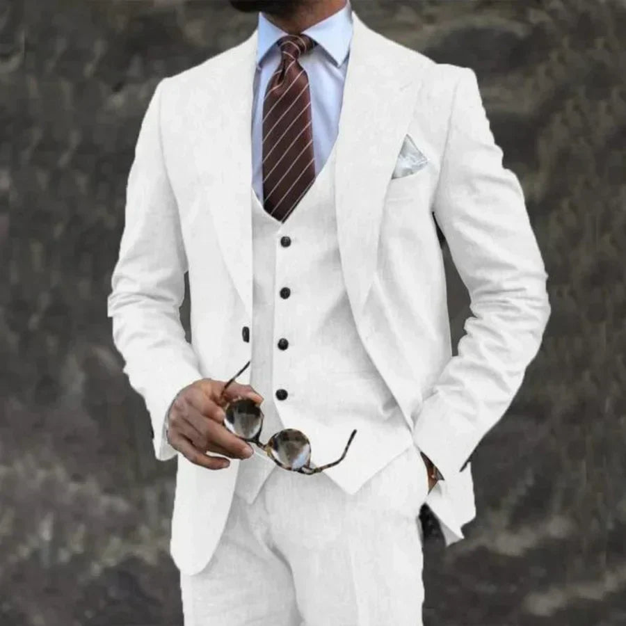 Carson men's light gray three-piece tailored suit lightweight cotton linen blend for weddings