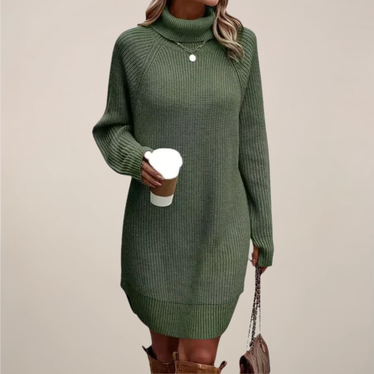 Women's burgundy turtleneck knit sweater dress raglan sleeves knee-length relaxed fit