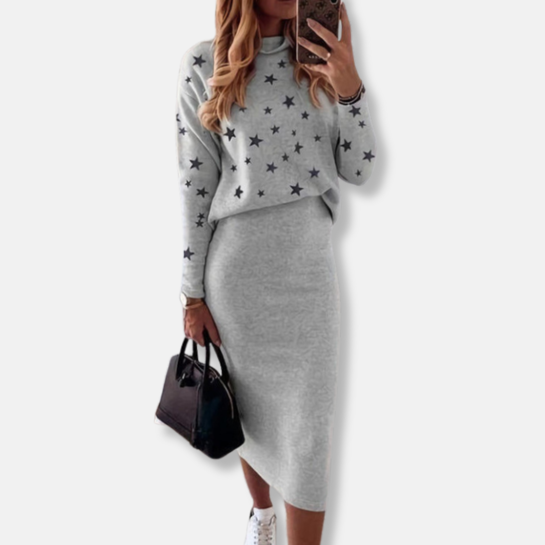 Women's star pattern knit two-piece set high neck top slim fit midi skirt elegant fall look