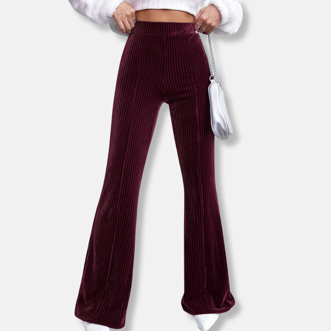 Women's burgundy velvet ribbed flare pants high waist wide leg pull-on silhouette
