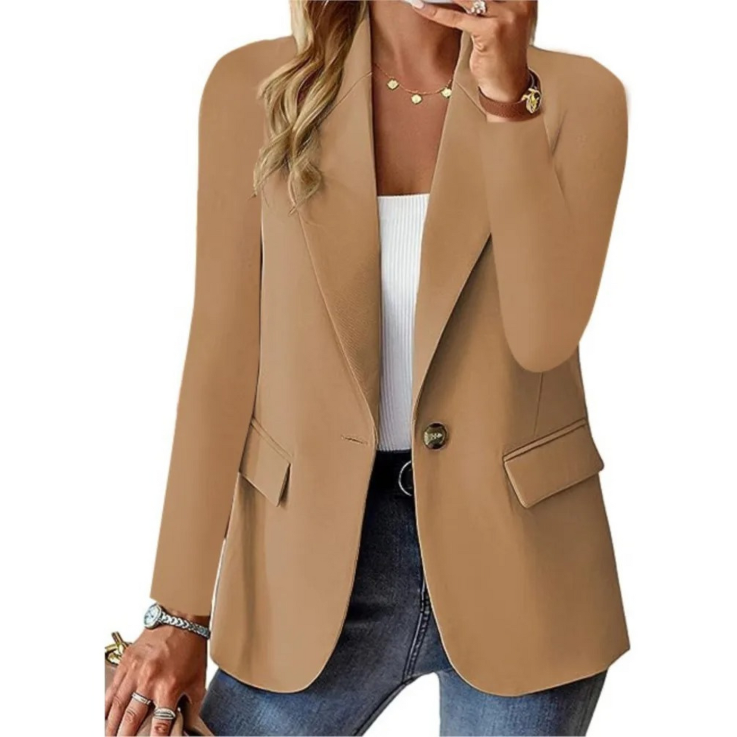 Women's casual slim blazer with buckle detail, polished long-sleeve professional layer for all-day comfort
