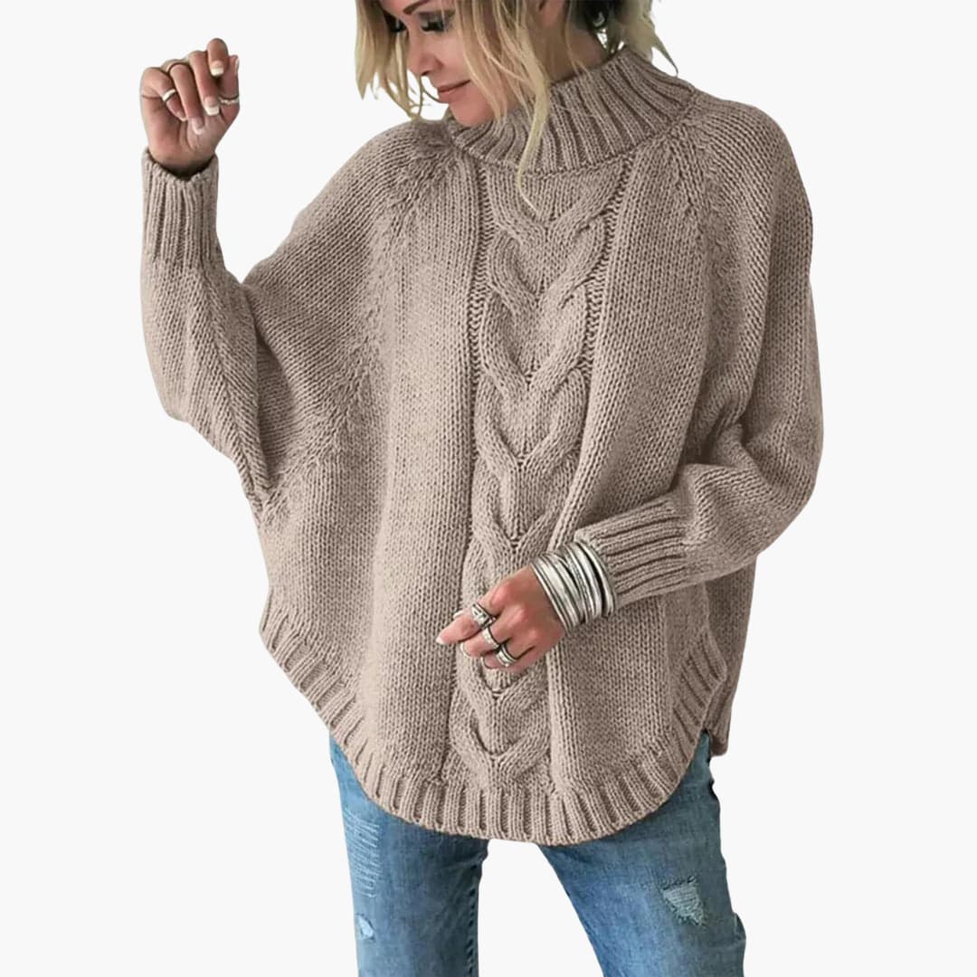 Women's cream cable knit turtleneck sweater with ribbed cuffs and hem for cozy winter style