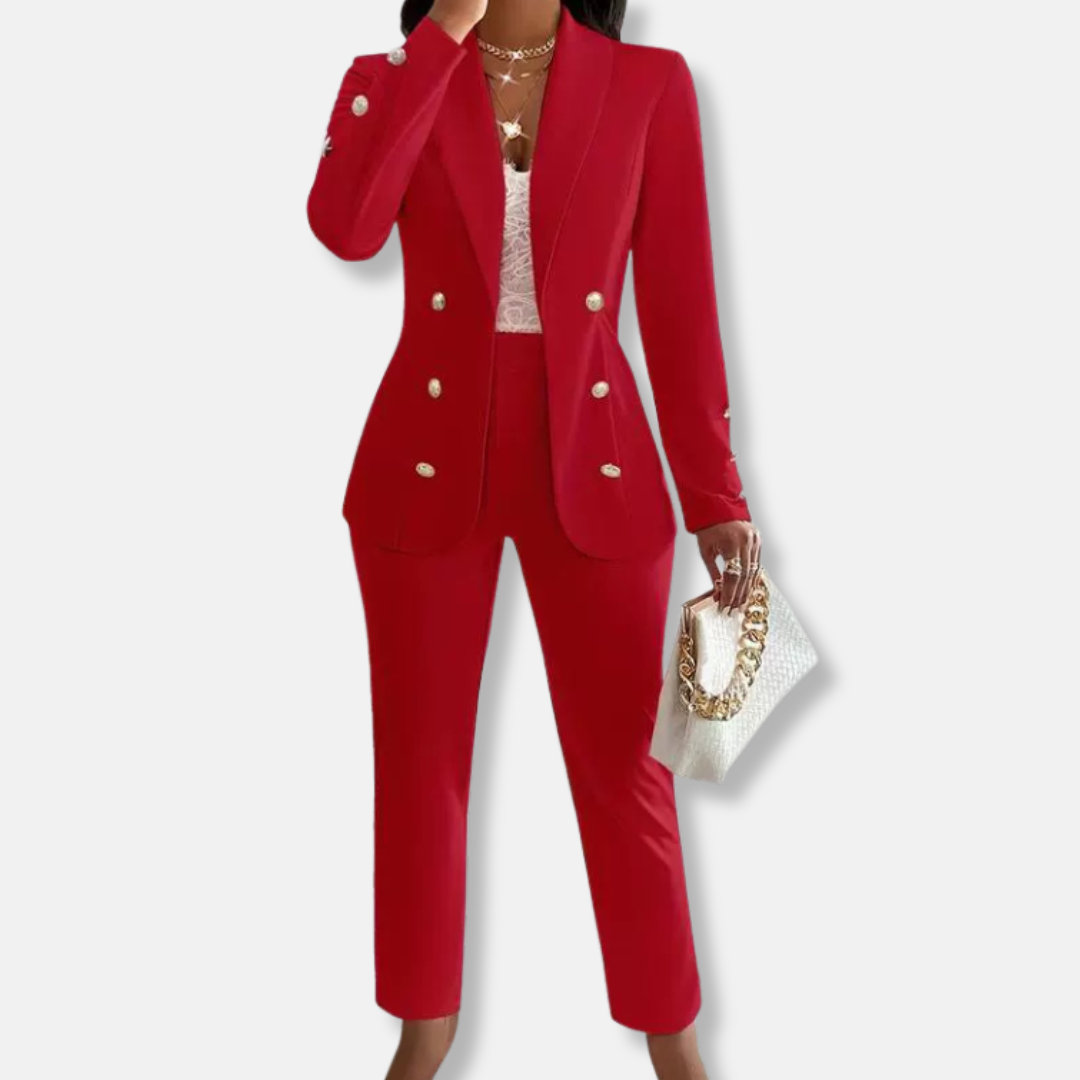 Women's slim-fit double-breasted shawl collar blazer and straight-leg trousers two-piece professional set