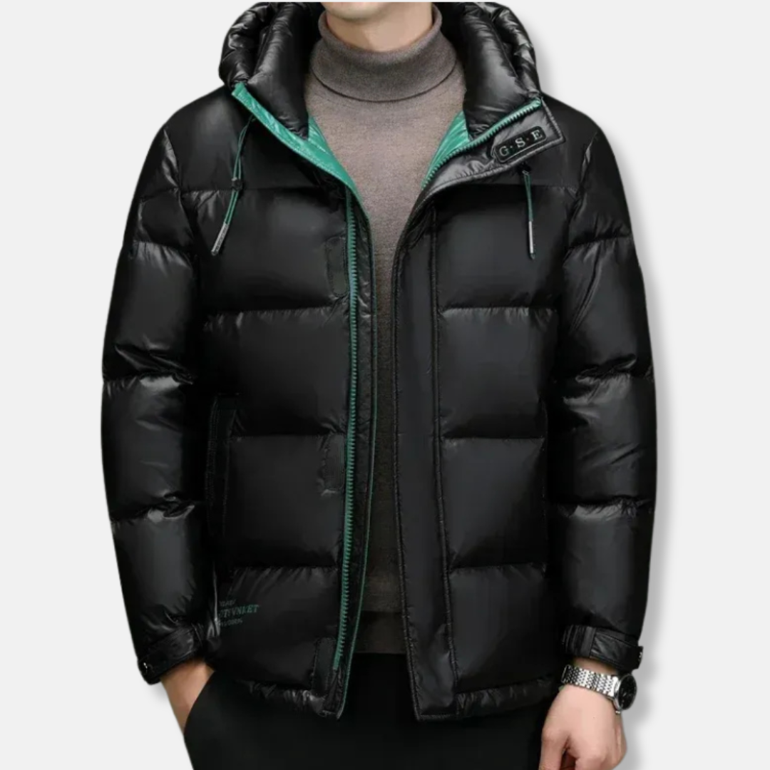 Men's water-resistant down jacket regular fit with drawstring hood, winter outerwear