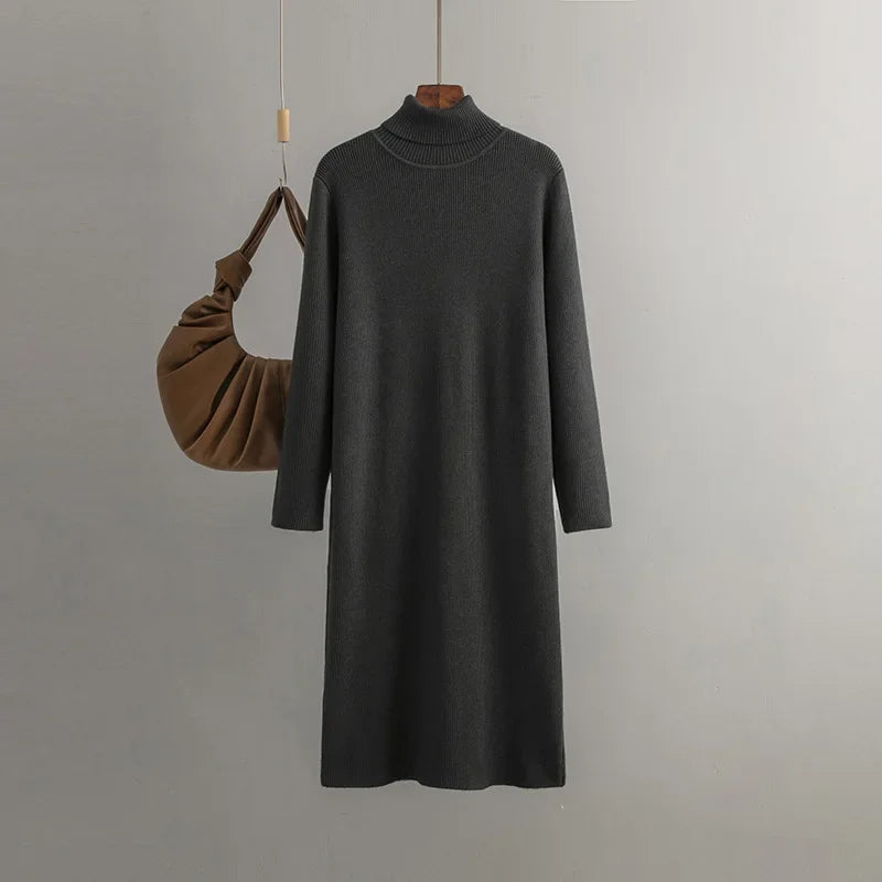 Women's ribbed knit turtleneck dress slim silhouette fleece-lined stretch cozy luxury