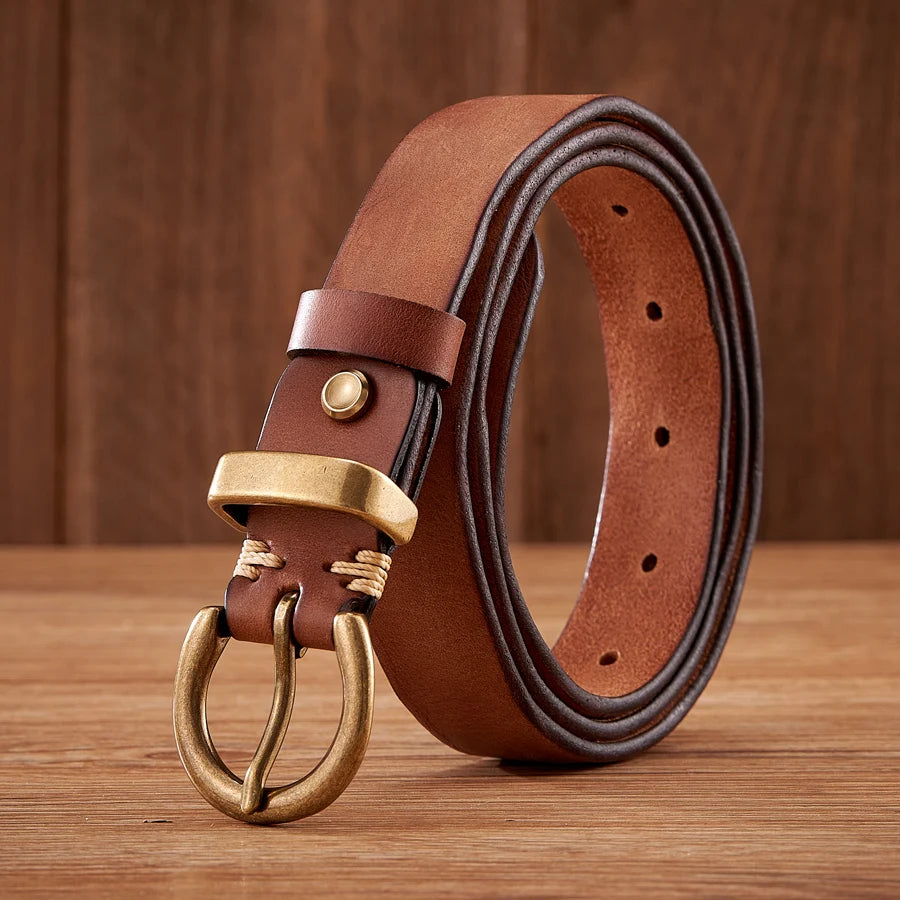 Full-grain leather belt with brass buckle, handstitched waxed thread, antique finish, timeless everyday style