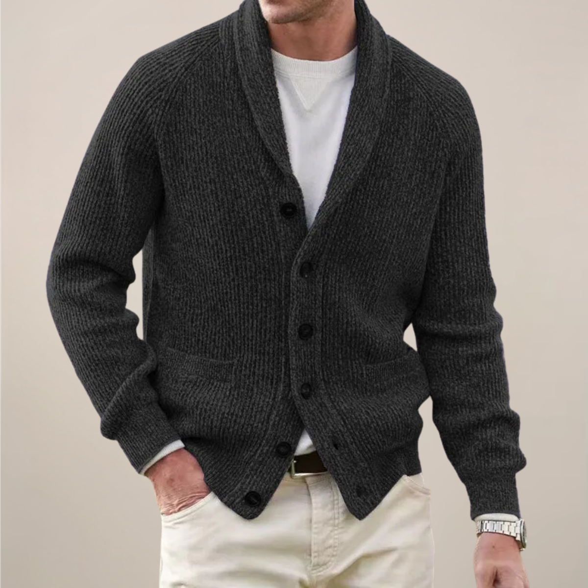 Men's spring shawl collar cardigan in neutral tones, relaxed fit with button-front closure