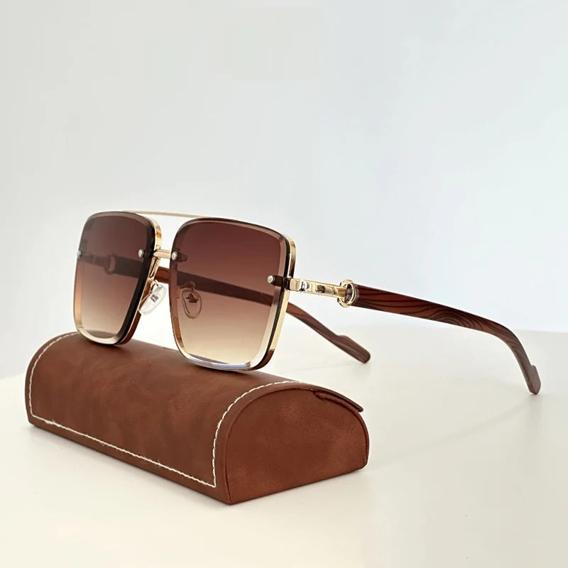 Retro square gradient sunglasses gold detailing wooden arms UV400 unisex eyewear