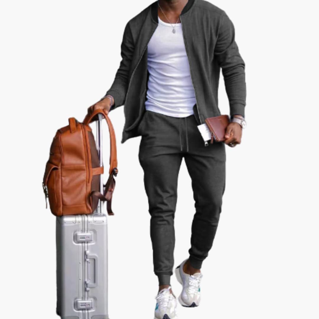 Men's gray textured zip jacket and tapered pants athleisure set with front zipper closure