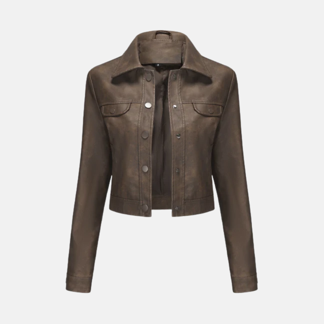 Women's cropped jacket structured fit chic woven texture snap front point collar versatile layer