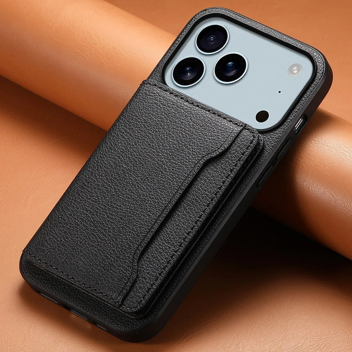 Crypt iPhone 17 bifold vegan leather case with card slots, magnetic closure, and kickstand in slim folio design