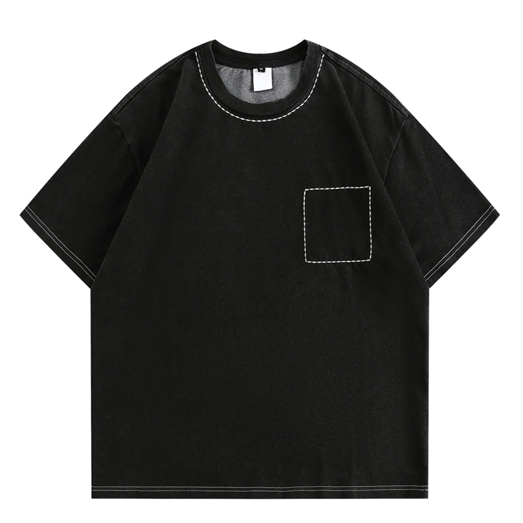 Unisex oversized boxy denim shirt tee in blue with raw texture and contrast stitching