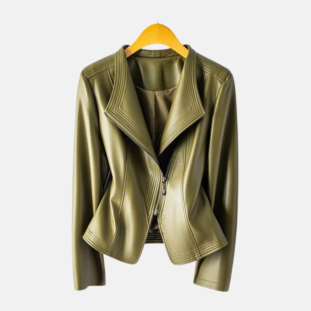 Women's black cropped faux leather jacket tailored fit stand collar asymmetrical zipper closure