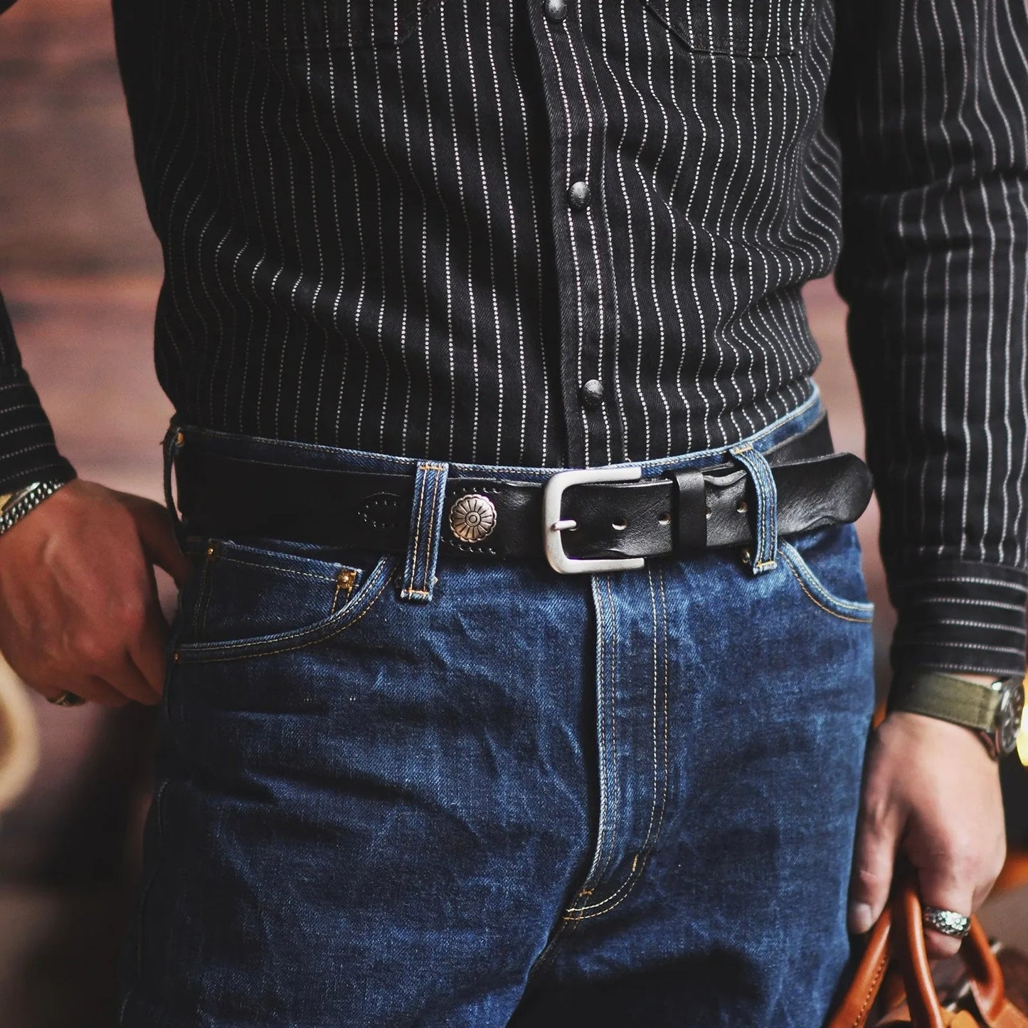 Brown Western leather belt distressed finish handstitched metal buckle everyday casual wear
