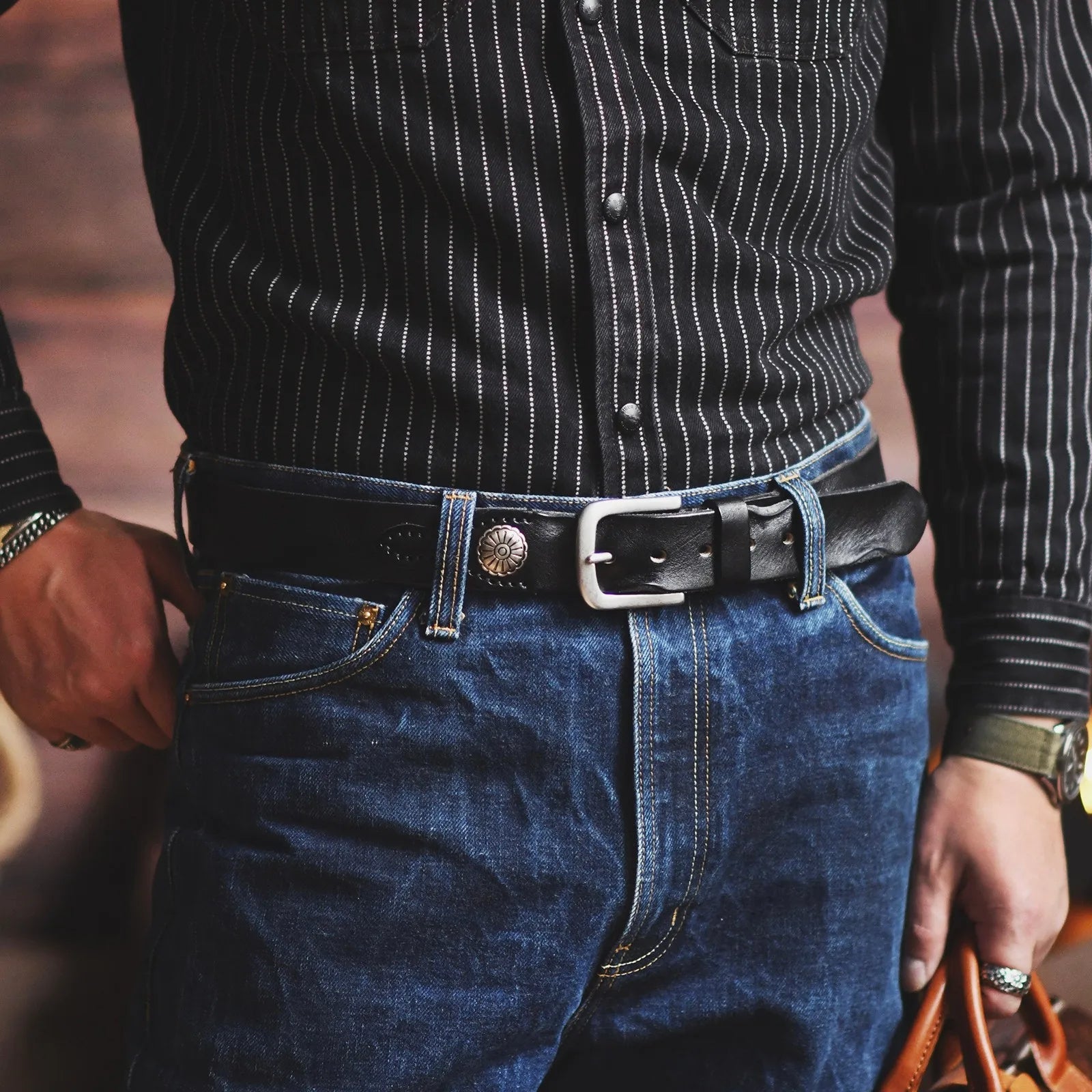 Brown Western leather belt distressed finish handstitched metal buckle everyday casual wear
