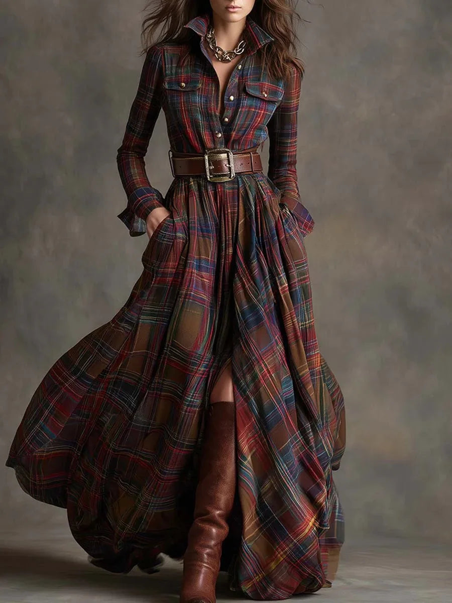 Plaid maxi dress with structured collar, self-tie belt, flap pockets, and full-length flowy silhouette