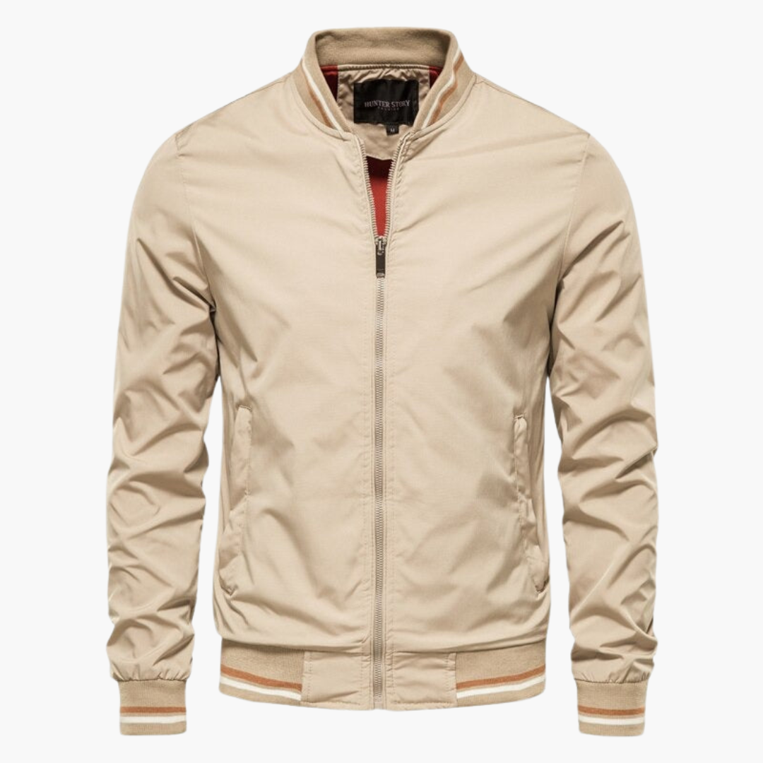 Men's bomber jacket with front zip and ribbed collar cuffs, versatile everyday essential in premium fabric