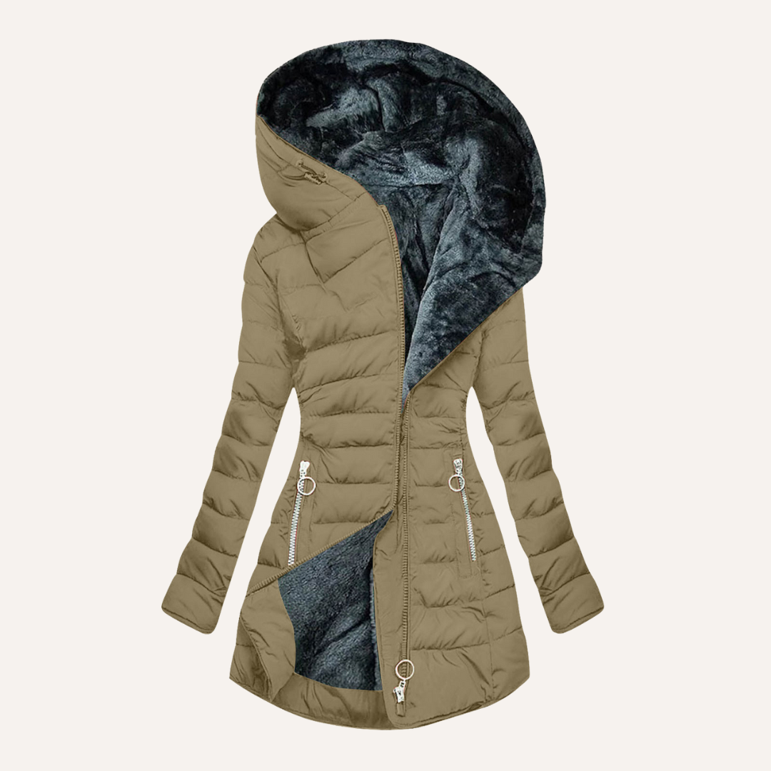 Quilted black puffer jacket waterproof insulated shell angled full-zip for cold wet weather outdoor use