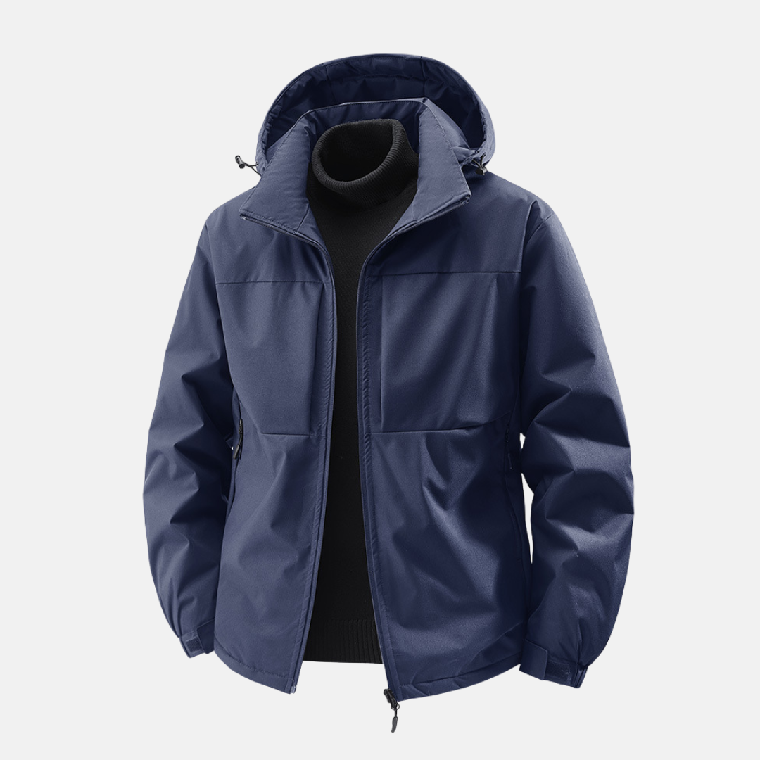 Men's navy blue hooded windproof jacket relaxed fit with zip front pockets Nordic style
