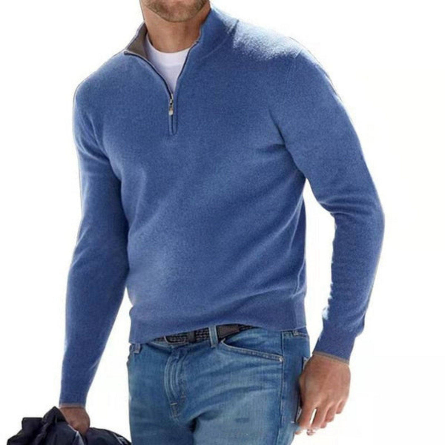 Men's merino wool V-neck zip sweater with breathable warmth, elegant slim fit, and cozy comfort
