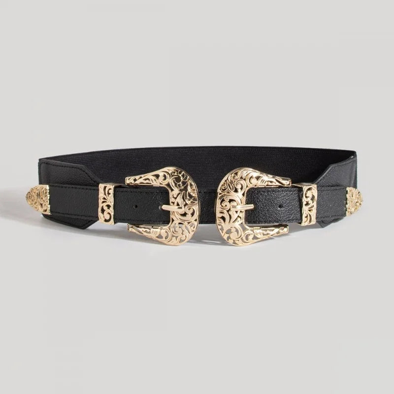 Women's brown leather waist belt with dual gold buckles and intricate Western scrollwork contoured fit