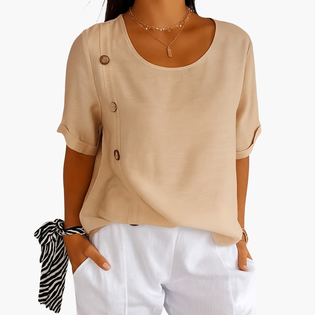 Women's lightweight loose-fit blouse with round neck, short sleeves, rolled hems, and decorative side buttons