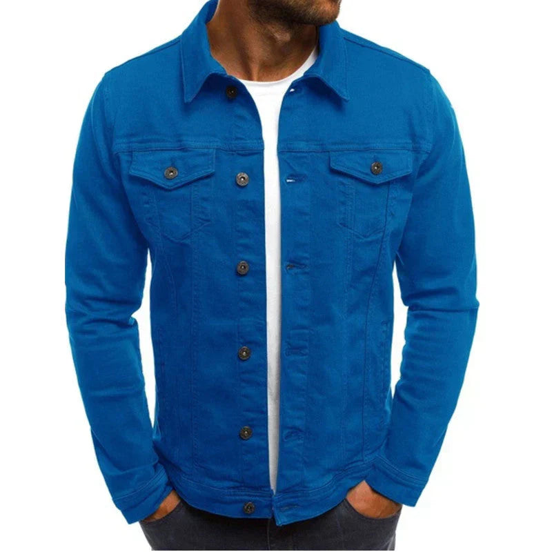 Men's casual streetwear button jacket with front closure, bold color-block design for everyday layering