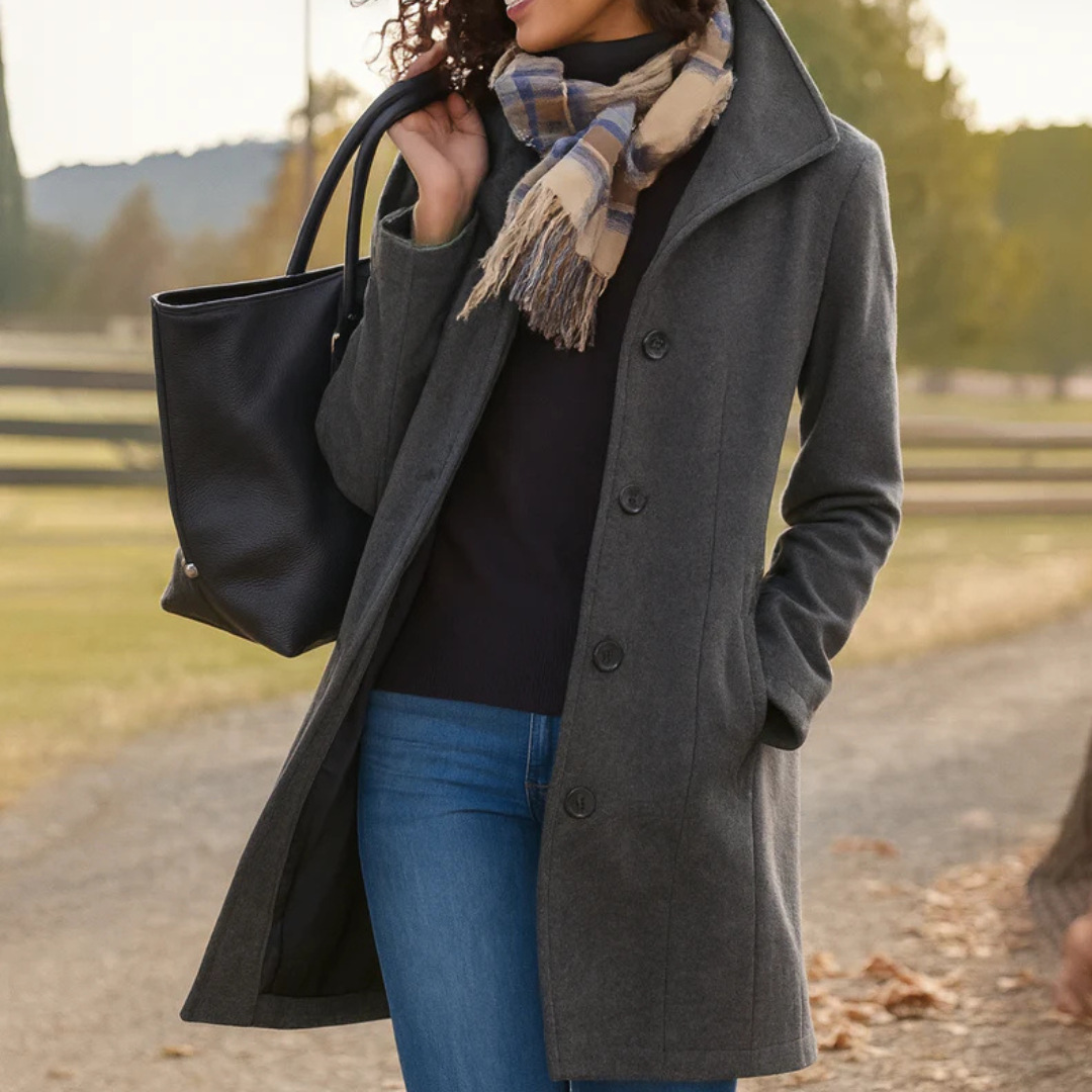 Women classic buttoned winter coat elegant elongated silhouette refined tailored fit timeless style