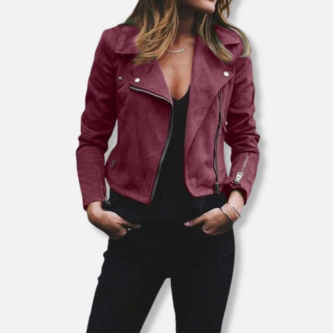 Women's cropped black biker jacket slim fit notched collar with asymmetric zipper closure