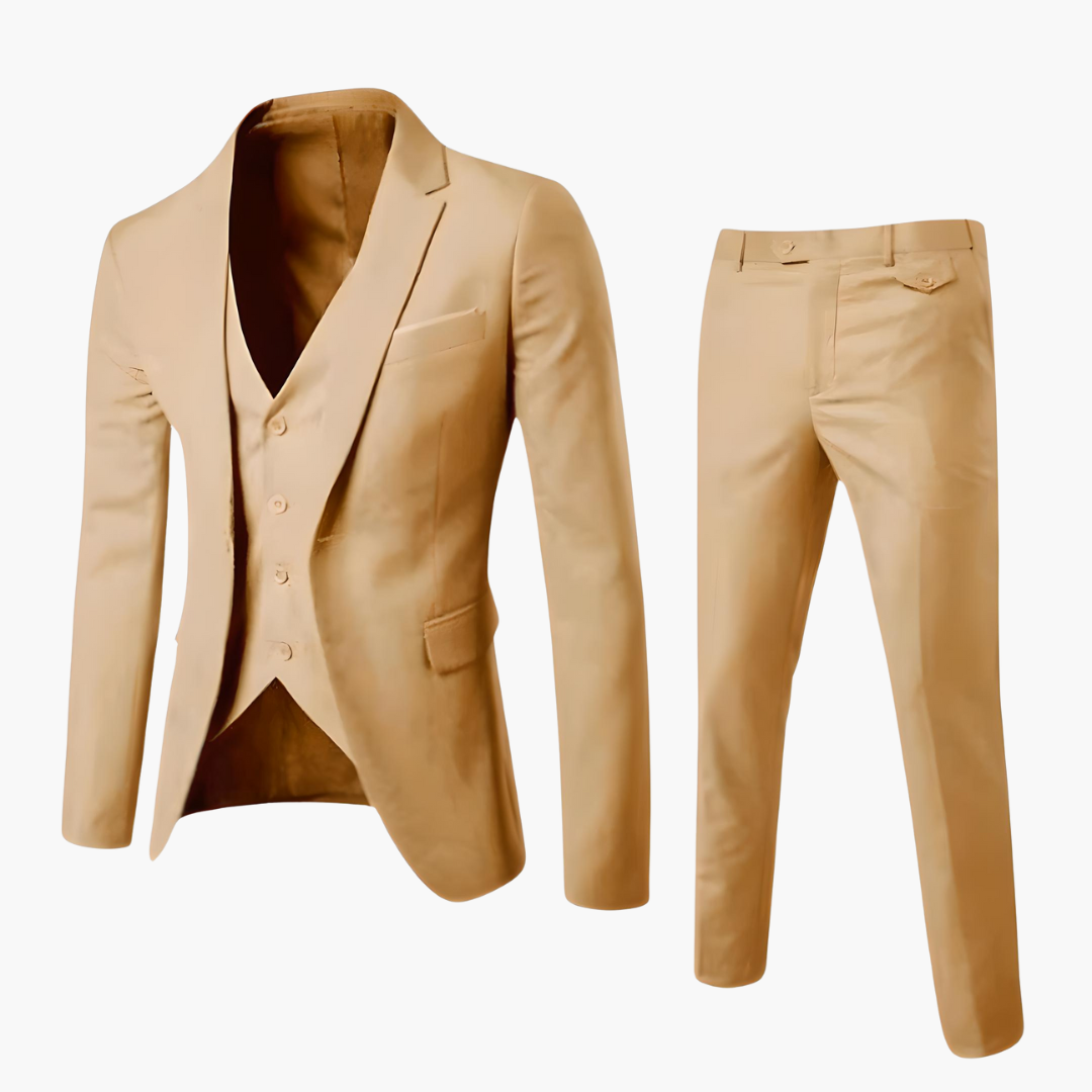 Men's slim fit navy blue suit set with single-button blazer and tailored trousers for professional wear