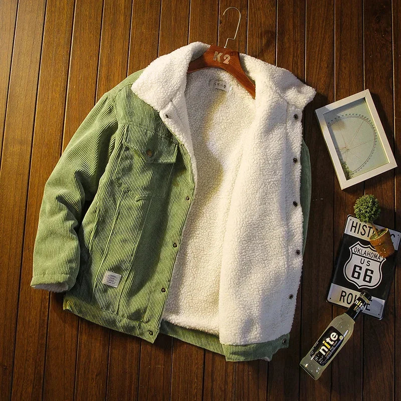 Unisex corduroy jacket vibrant color relaxed fit deep pockets premium snap buttons everyday warm layer