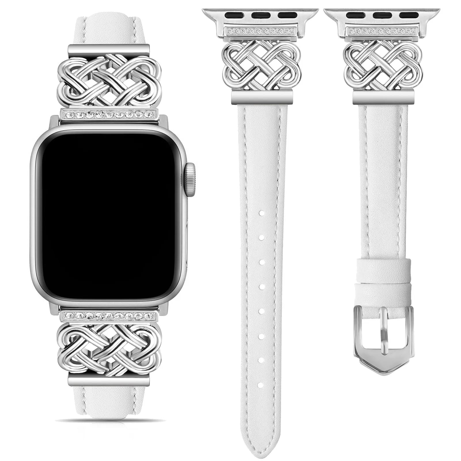Geneva Apple Watch band genuine leather with interlock knot and rhinestone accents for professionals