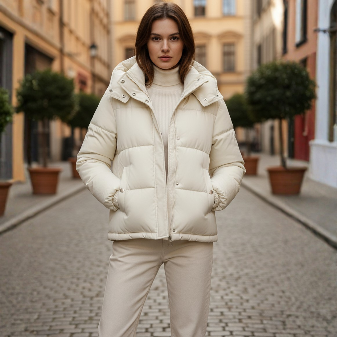 Women's boxy-fit down jacket in pink white brown black lightweight water-repellent thermal padding