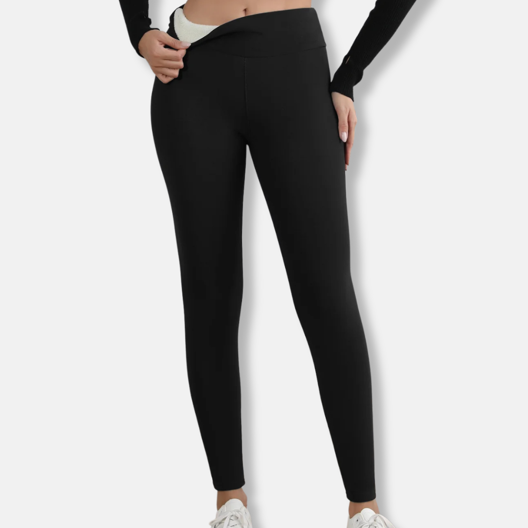 Women's high waist full-length black plush lined leggings with body-hugging fit and fleece interior