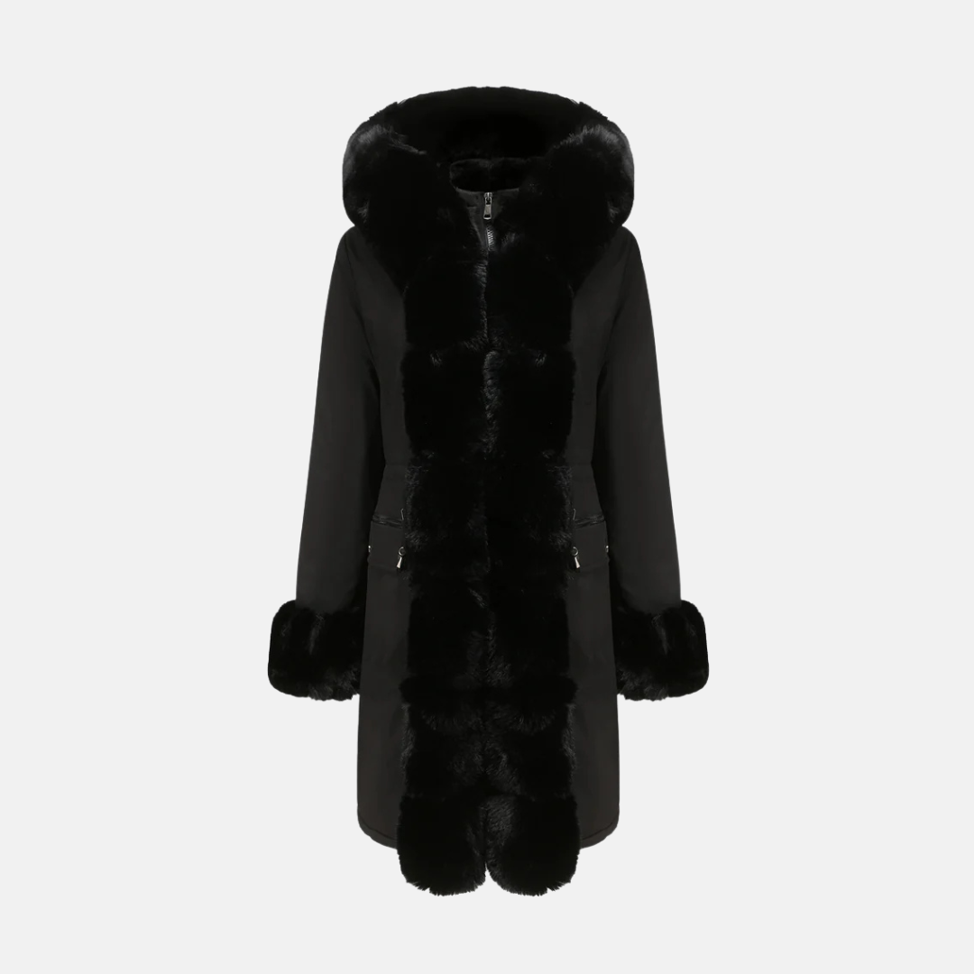 Women's long wool-blend coat with faux fur hood and cuffs, full-length regular fit, zipper closure