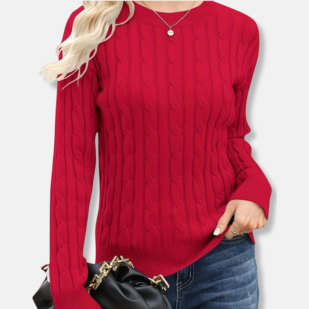 Women's wool blend crew neck sweater fine gauge cable knit pattern relaxed hip-length smart casual