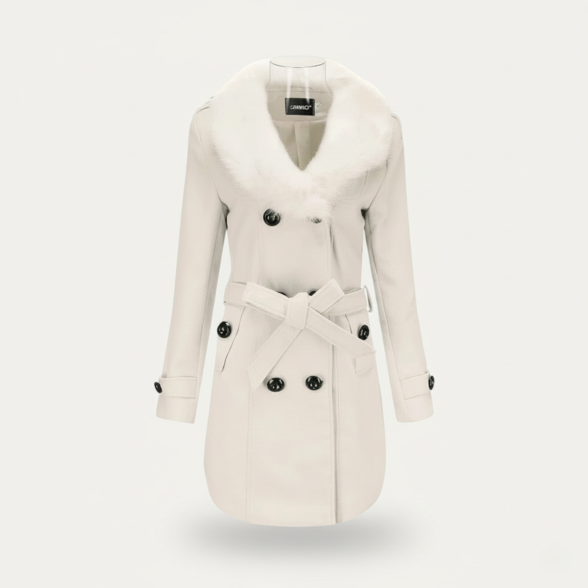 Women's double-breasted belted trench coat with faux fur collar, structured elegant fit